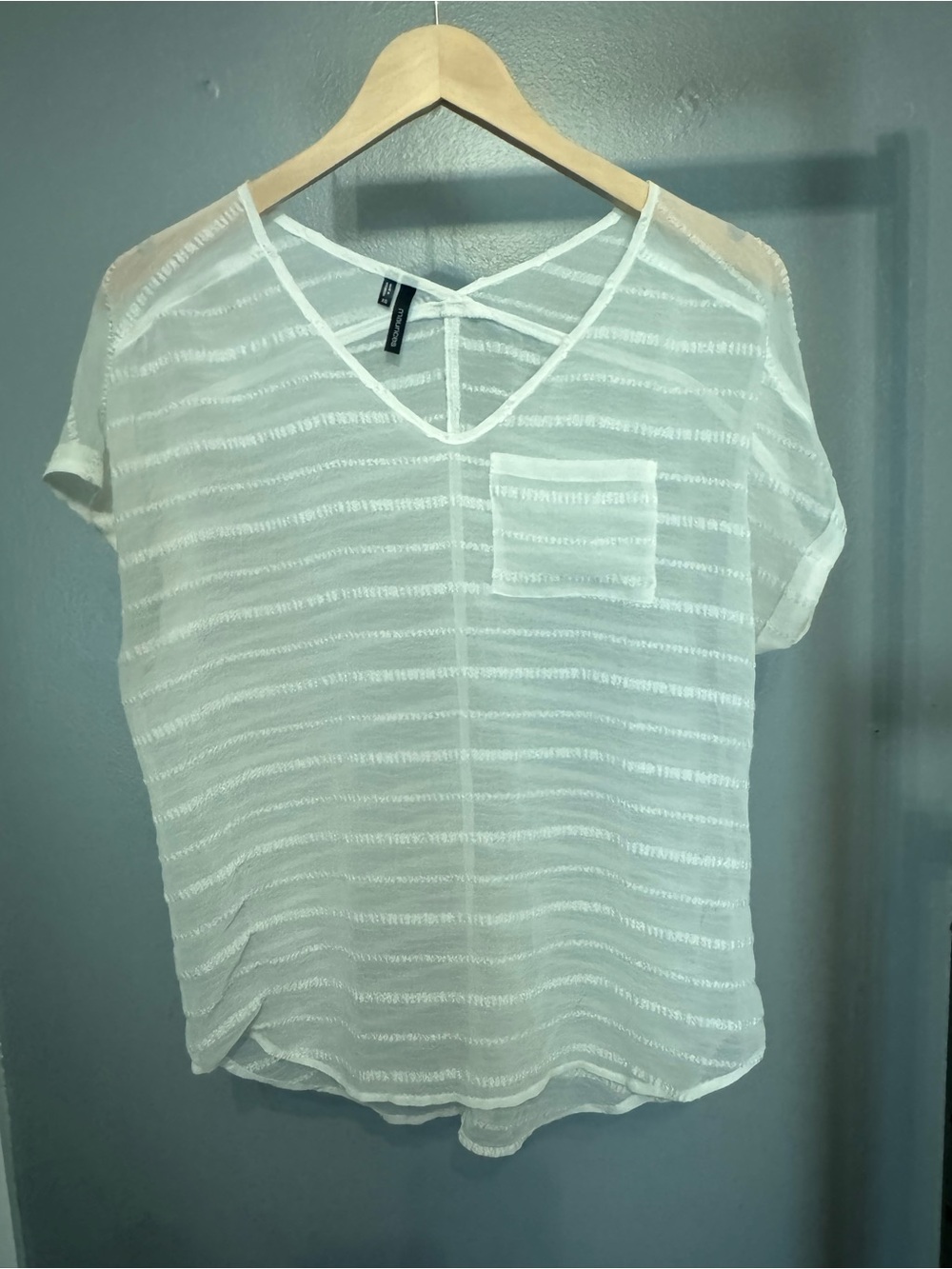 Maurices White Sheer Striped V-Neck Pocket Top